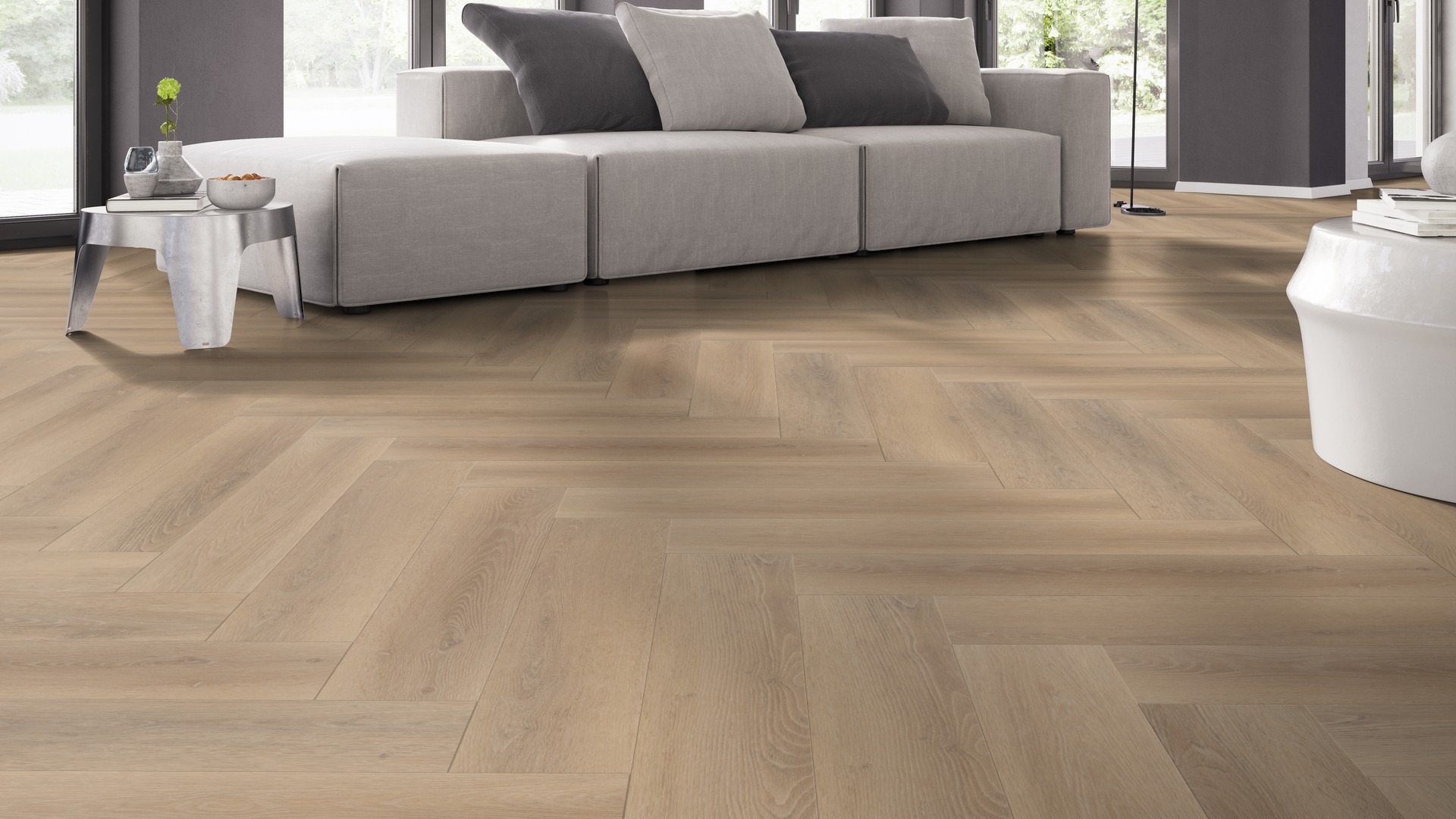 Detail van de structuur van Palazzo Visgraat XL 76 met matte toplaag en natuurgetrouwe uitstraling