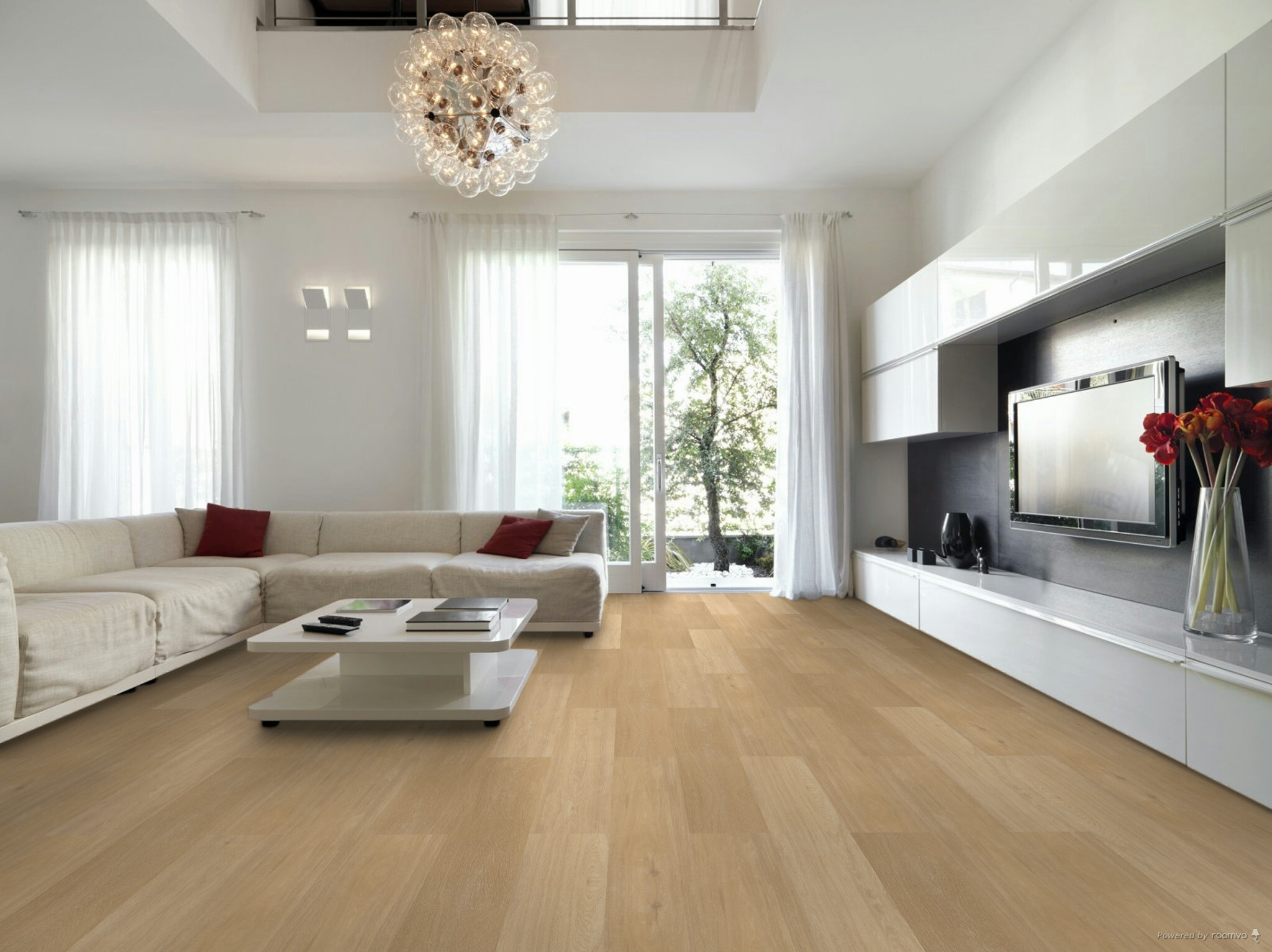 Sfeerbeeld in woonkamer met Therdex Chevron 12041 plak PVC vloer