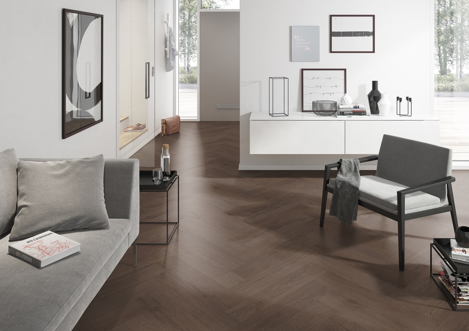 Belakos Monastro Visgraat XL 90 variant visgraat plak pvc in woonkamer sfeerfoto