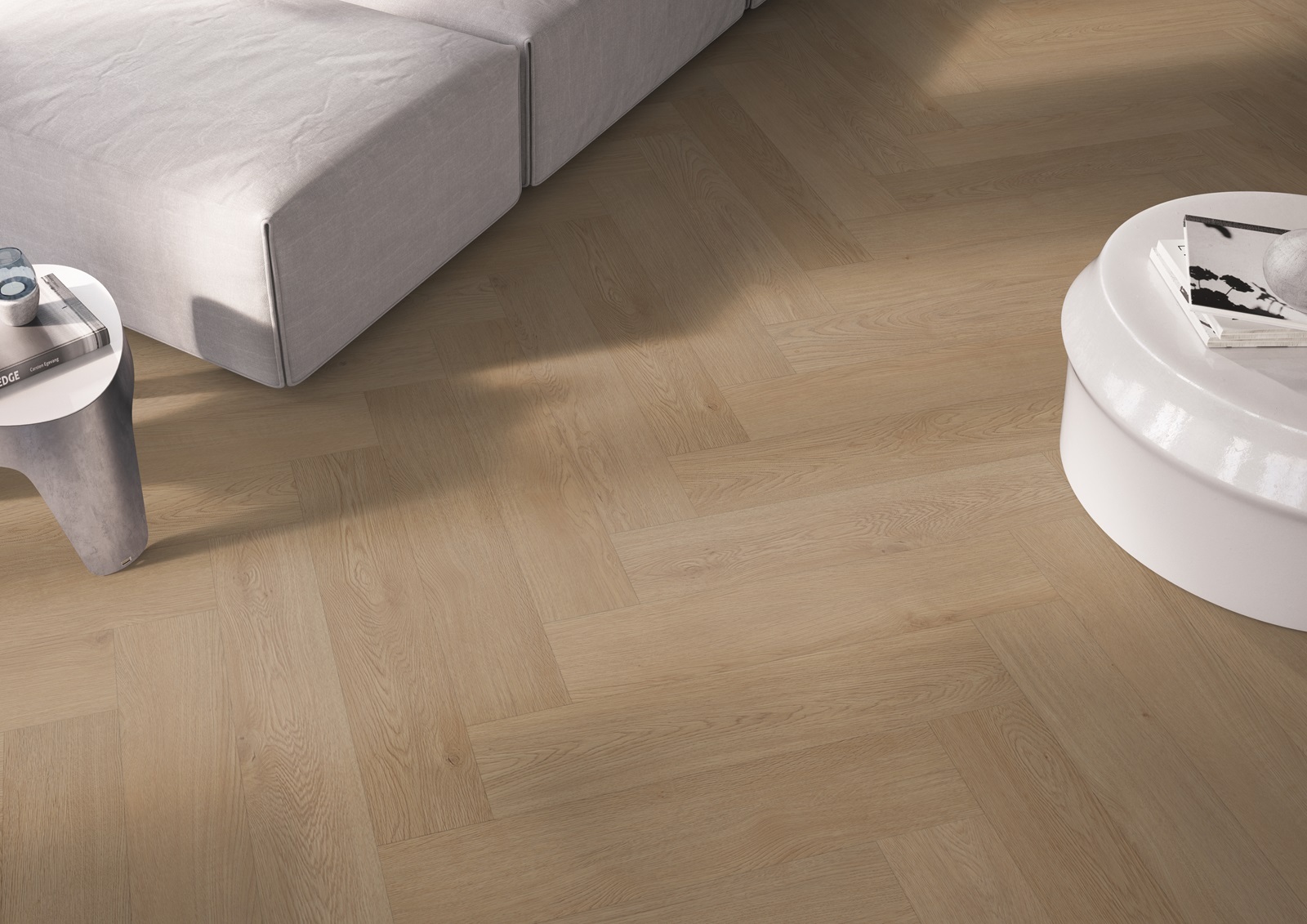 Sfeerbeeld in woonkamer met Belakos Monastro Visgraat XL 93 click PVC vloer