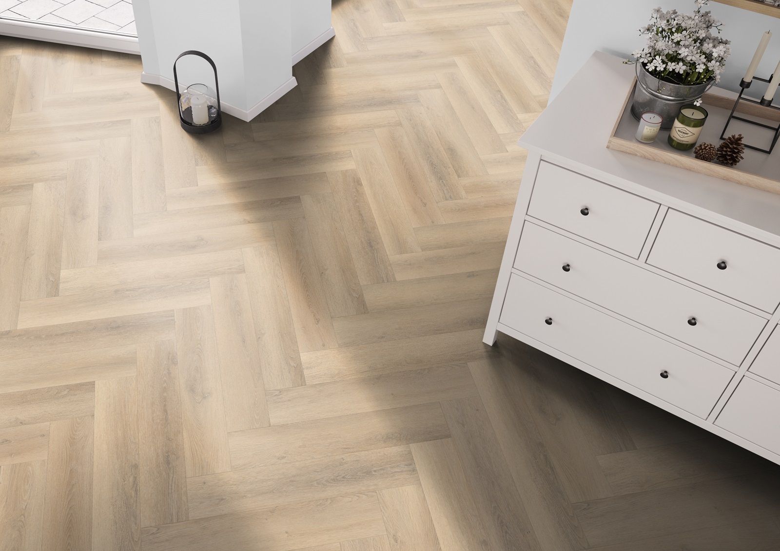 Sfeerbeeld in woonkamer met Belakos Palazzo Visgraat XL 75 click PVC vloer