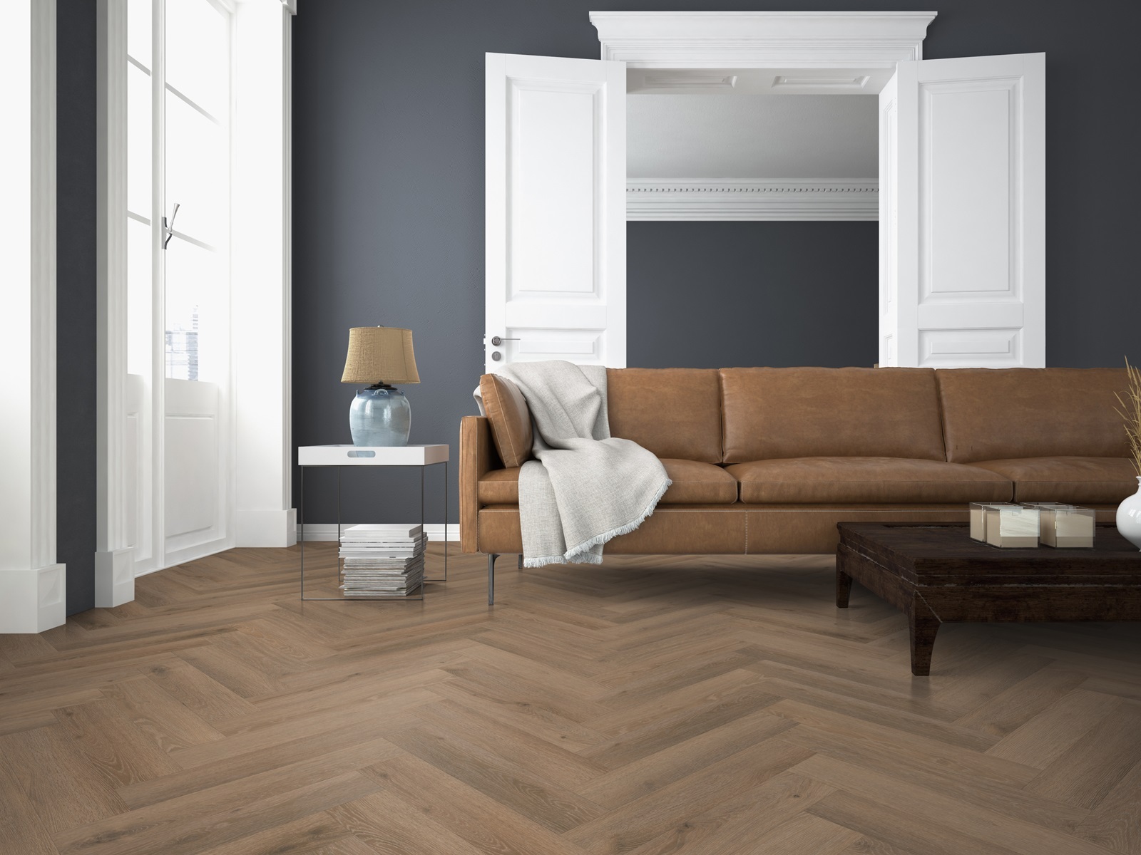 Belakos Rustico Visgraat 30 variant visgraat plak pvc in woonkamer sfeerfoto