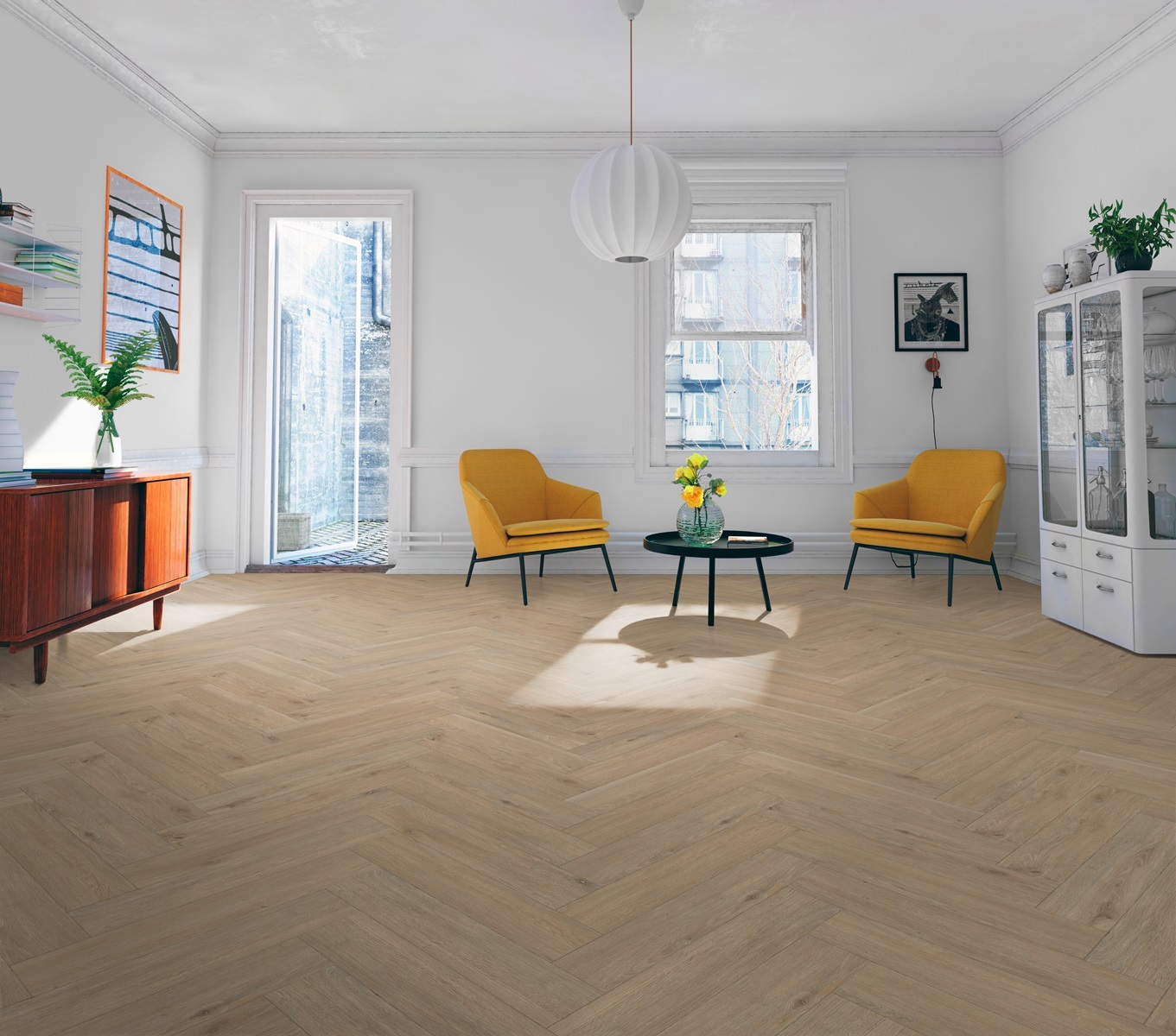 Belakos Rustico Visgraat 50 variant visgraat plak pvc in woonkamer sfeerfoto