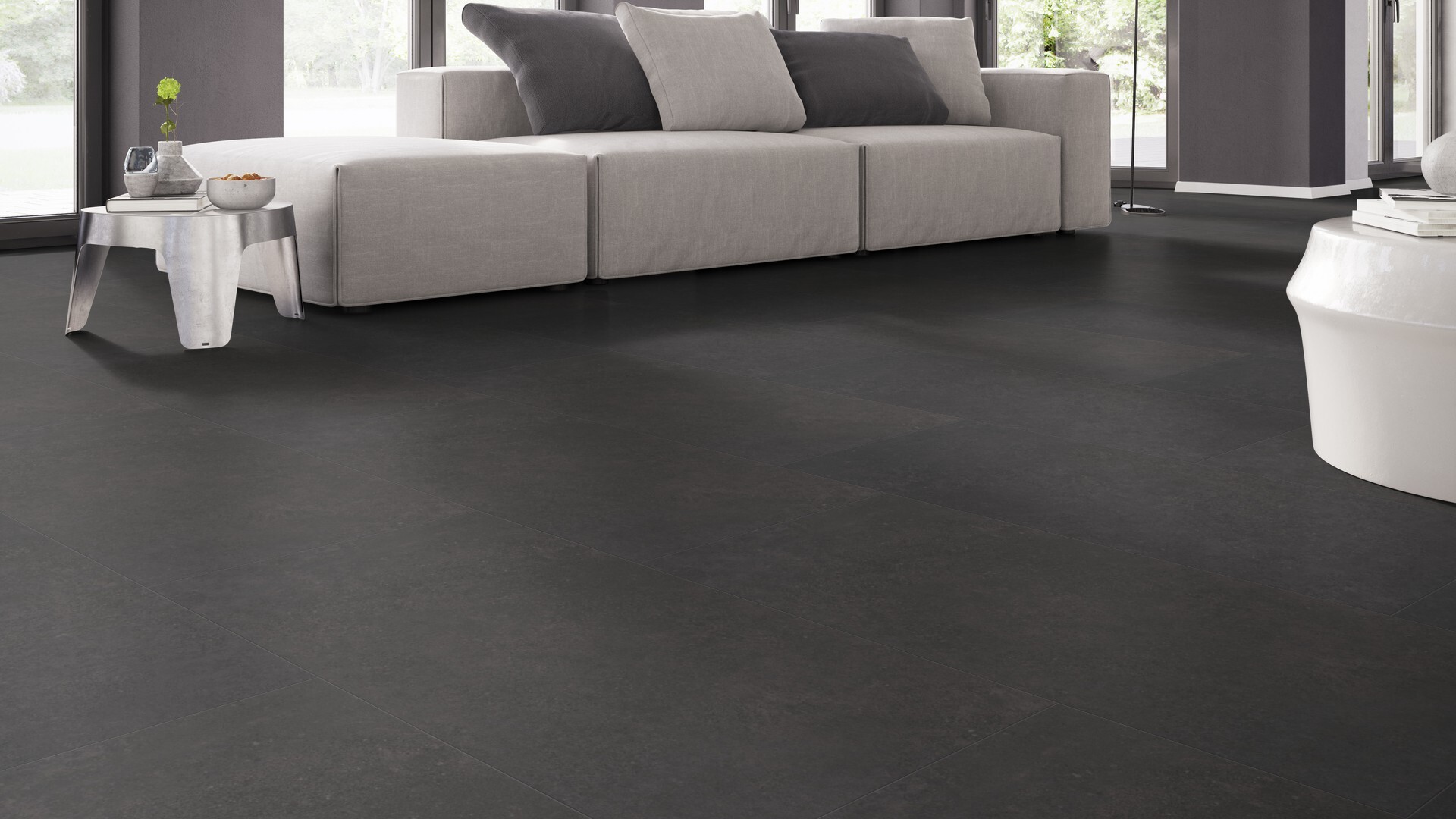 Belakos Touchstone Medium 101 variant PVC tegel plak pvc in woonkamer sfeerfoto