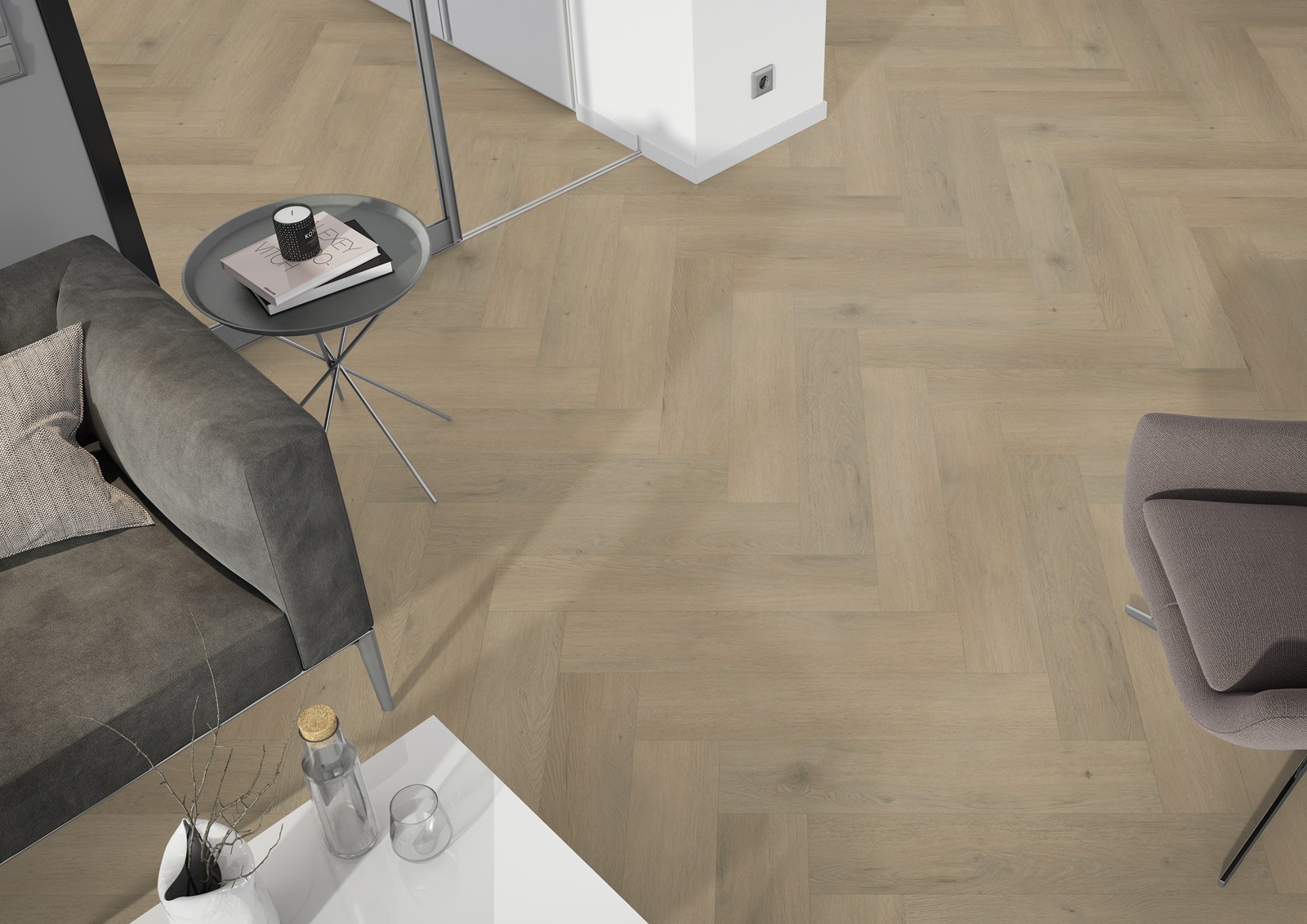 Belakos Attico Visgraat XL 86 variant visgraat plak pvc in woonkamer sfeerfoto