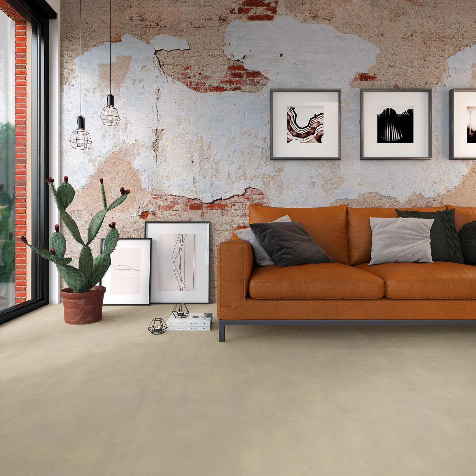 VivaFloors Tegels 1410 Sandy PVC tegel plak pvc in woonkamer sfeerfoto