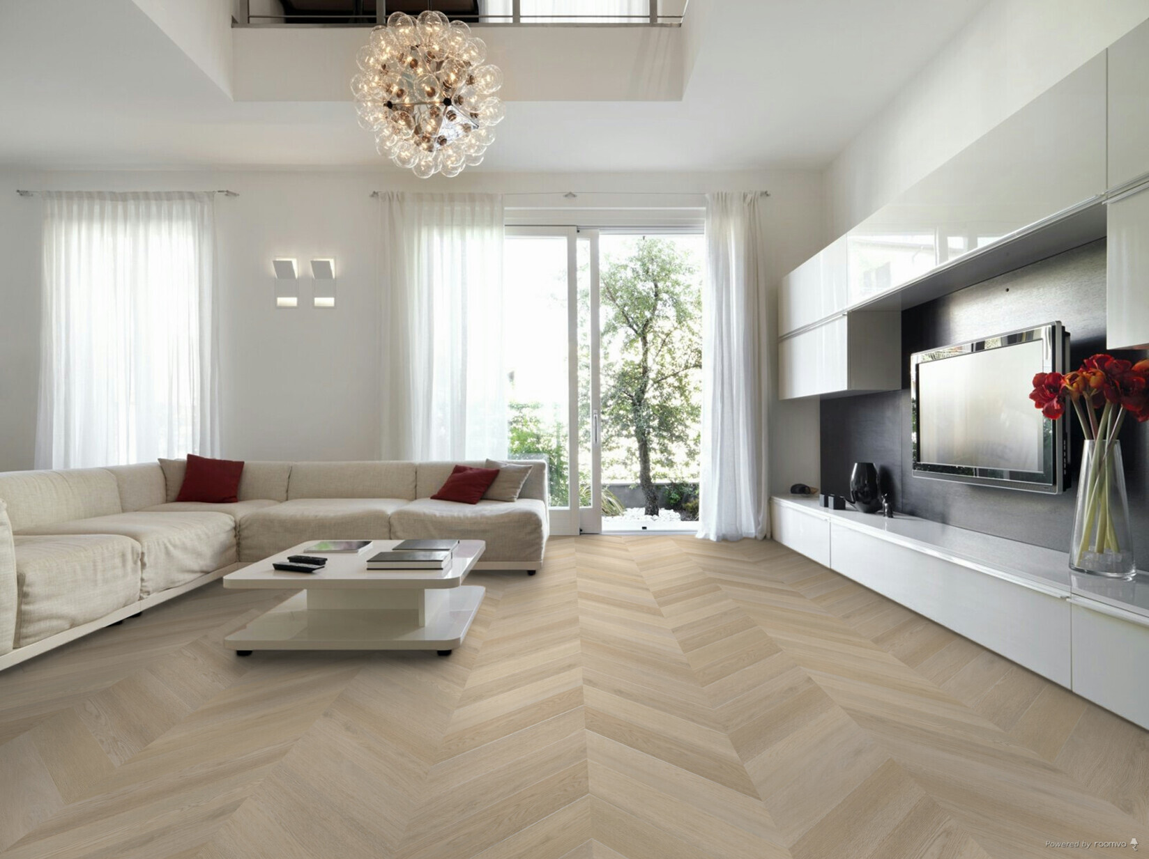 Sfeerbeeld in woonkamer met Therdex Premier Hongaarse Punt 6583 click PVC vloer