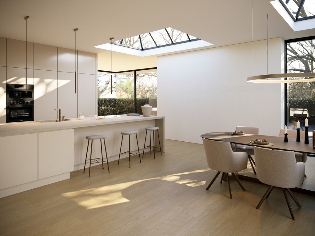 Sfeerbeeld in woonkamer met Belakos Portico 560 plak PVC vloer