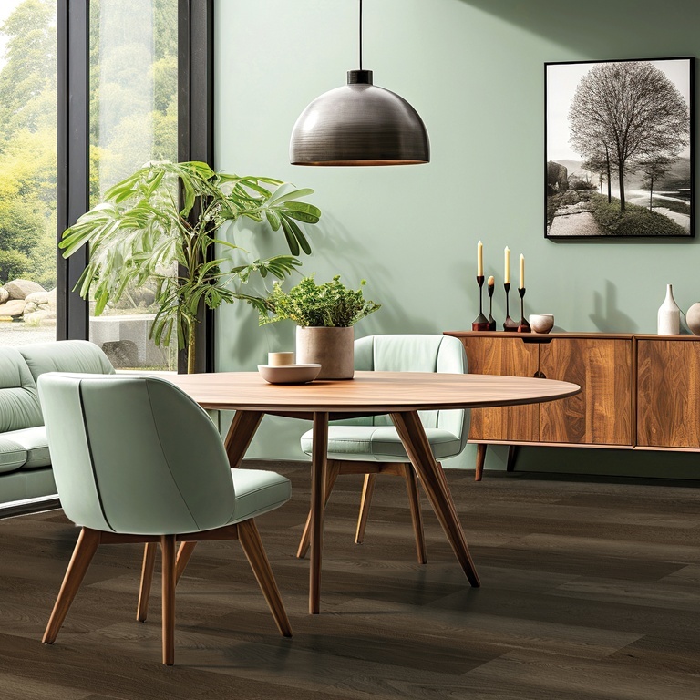 Bodiax Estrela 2BP370146 Velvet Espresso PVC plank plak pvc in eetkamer met mintgroene stoelen en houten tafel sfeerfoto