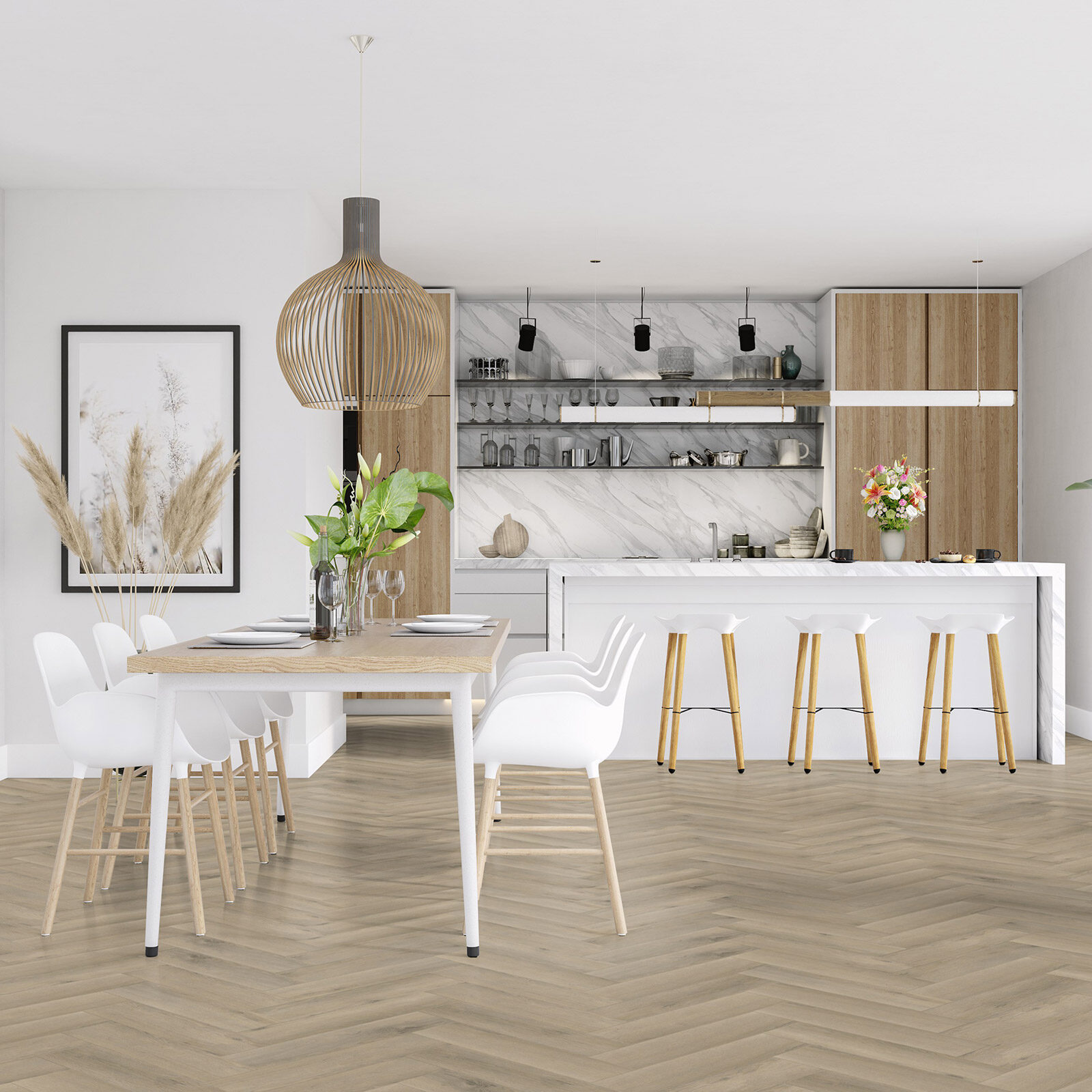 sfeerfoto van visgraat 6840 in woonkamer met rustige houtdessin