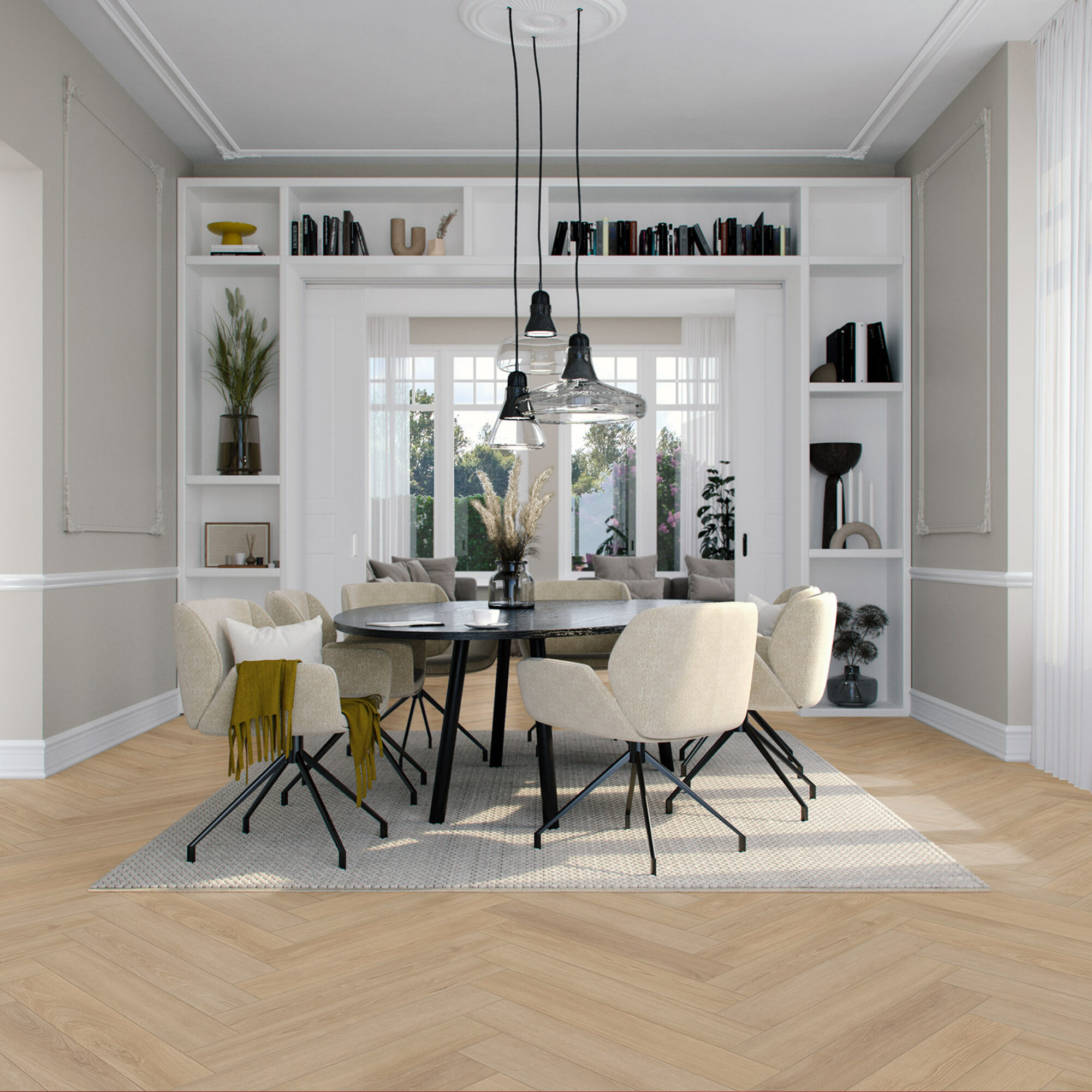 VivaFloors Mayfair 9010 plak PVC visgraat toegepast in een stijlvolle woonkamer