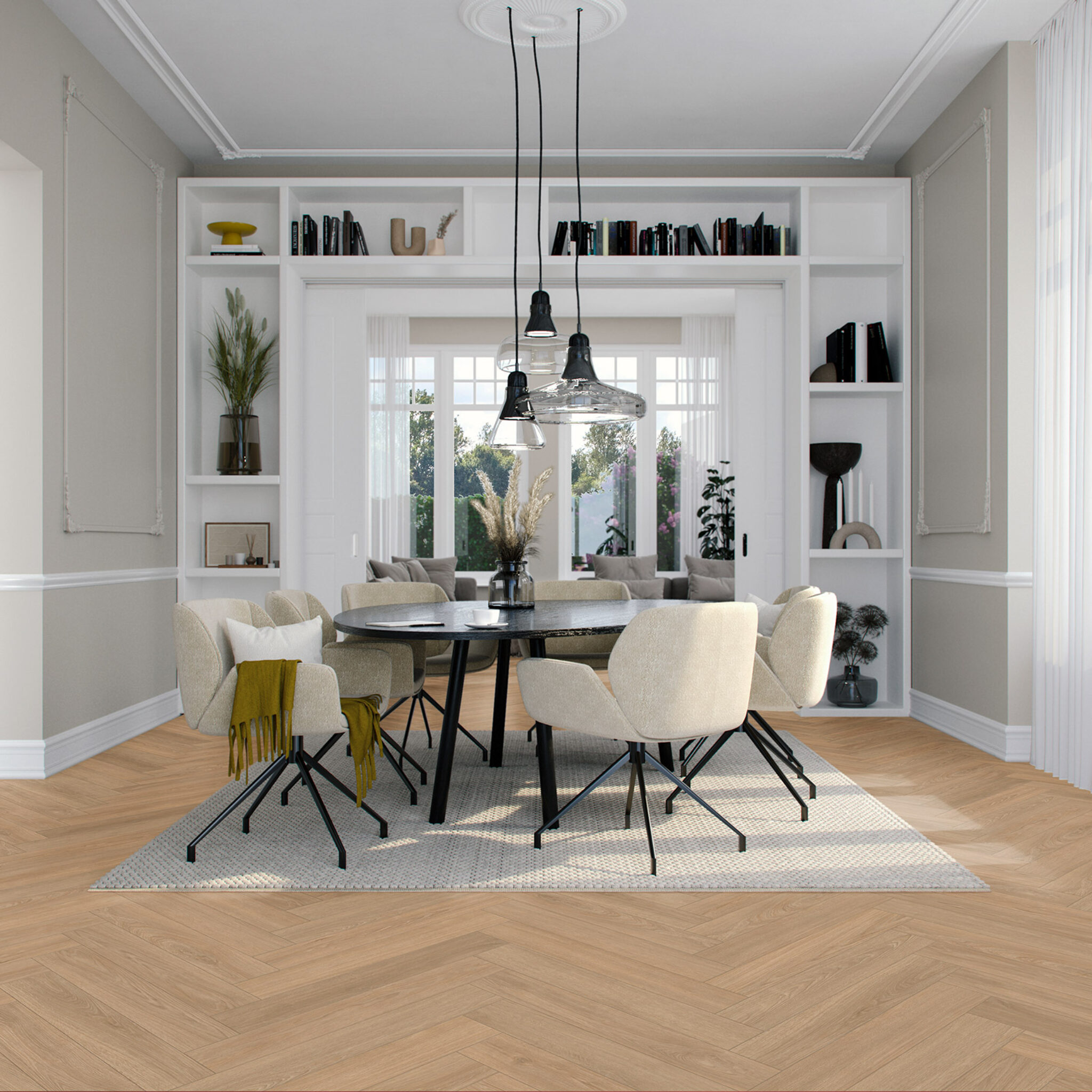 VivaFloors Mayfair 9020 plak PVC visgraat toegepast in een stijlvolle woonkamer