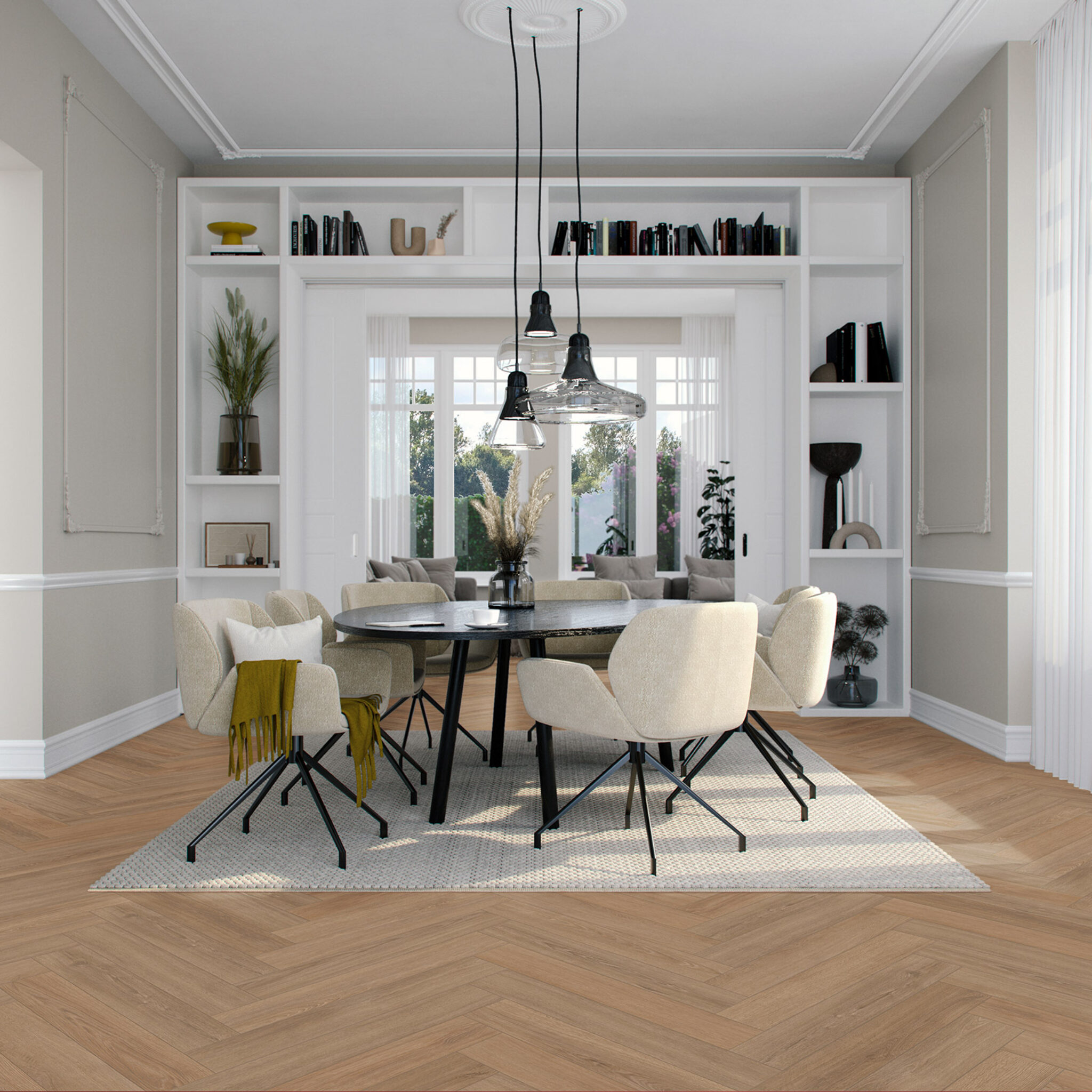VivaFloors Mayfair 9030 plak PVC visgraat gelegd in een warm ingericht interieur
