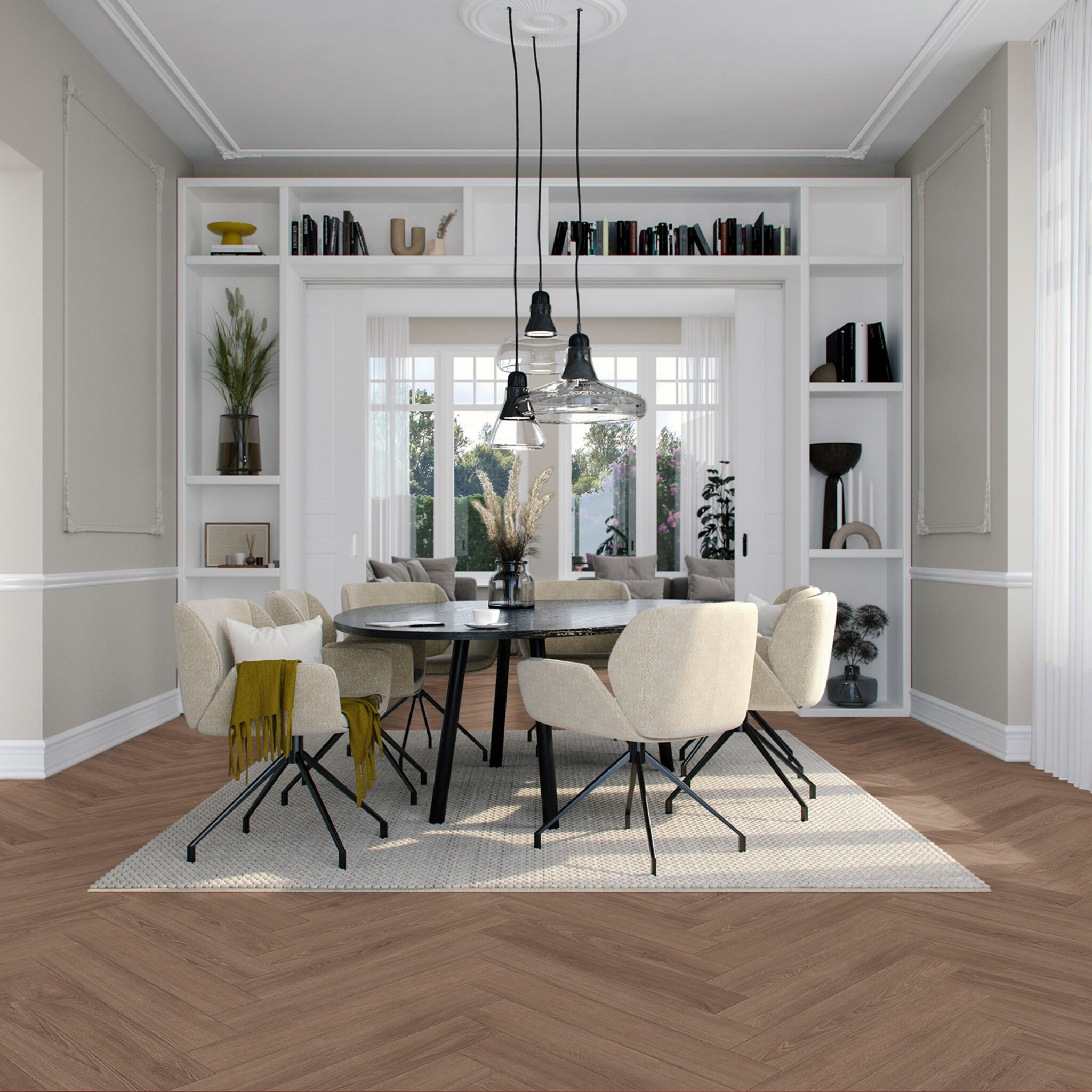 VivaFloors Mayfair 9050 plak PVC visgraat gelegd in een warm ingericht interieur