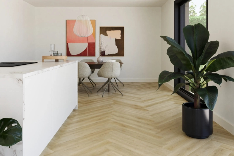 Castell Supreme 860 Herringbone XL Walnut 219 plak PVC visgraat close-up van de voelbare decorstructuur