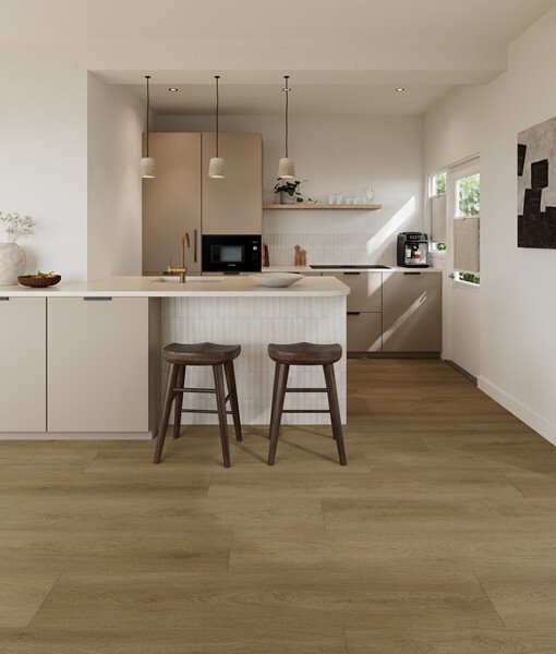 Ground Studio Select Oak Walnut PC.20.80.1 click PVC plank gelegd in interieur met zicht op de plankverdeling