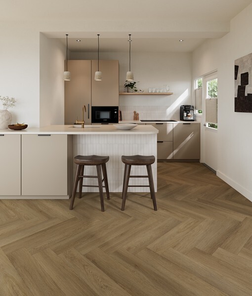 Ground Studio Select Oak Walnut VC.20.80.1 visgraat click PVC gelegd in interieur met zicht op het visgraatpatroon