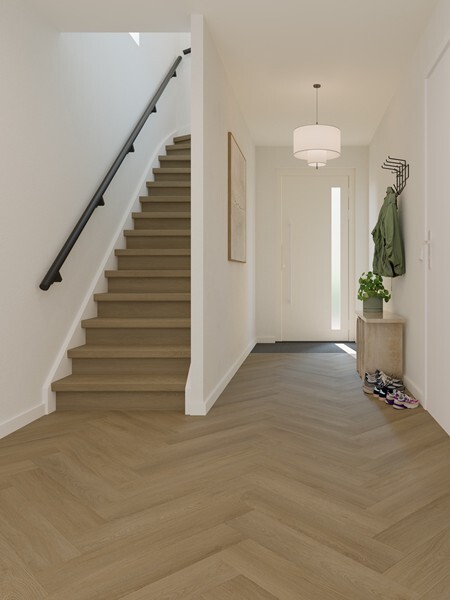 Ground Studio Select Oak Walnut VC.20.80.1 visgraat click PVC detail van kleurnuance en plankverbinding