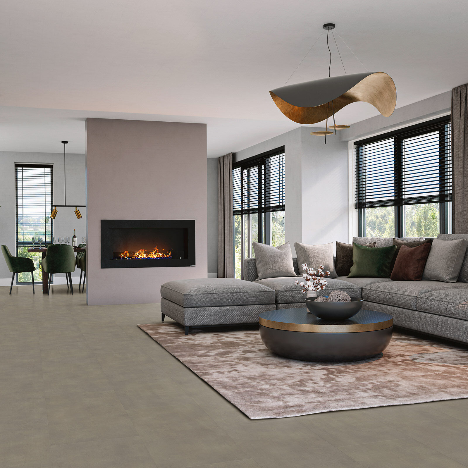 VivaFloors Matera Warm Grey 1440 plak PVC tegel sfeerfoto in een lichte woonkamer