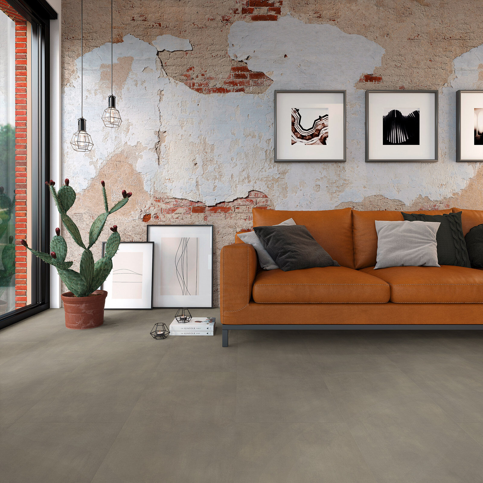 VivaFloors Matera Warm Grey 1440 click PVC tegel sfeerfoto in een lichte woonkamer