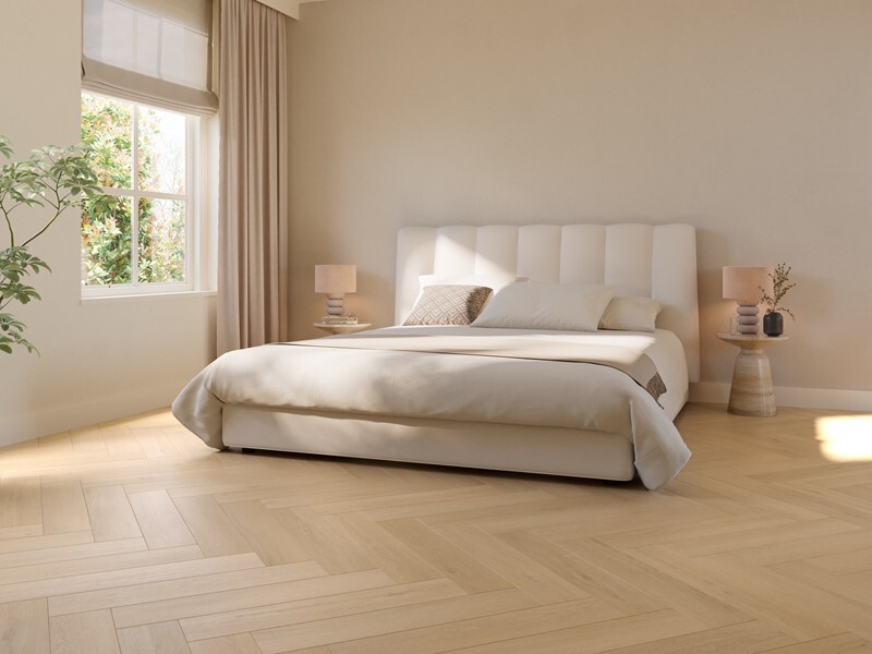 Ground Studio Pure Oak Warm Naturel V.10.60.2 visgraat plak PVC close-up van houtnerf en visgraatpatroon