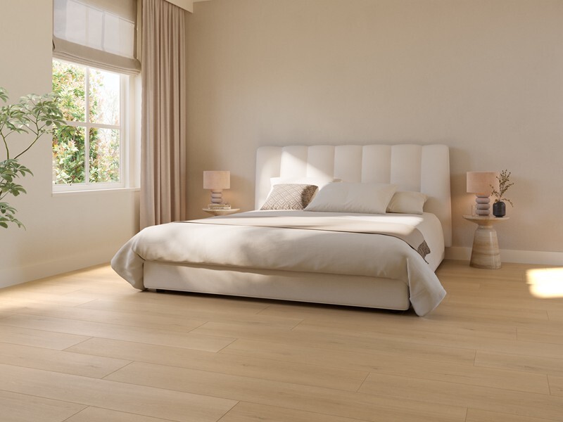 Ground Studio Pure Oak Warm Naturel PC.20.60.2 click PVC plank gelegd in interieur met zicht op de plankverdeling
