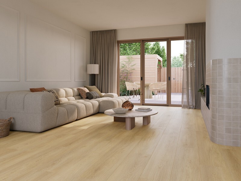 Ground Studio Select Oak Warm Naturel PC.20.30.1 click PVC plank gelegd in interieur met zicht op de plankverdeling