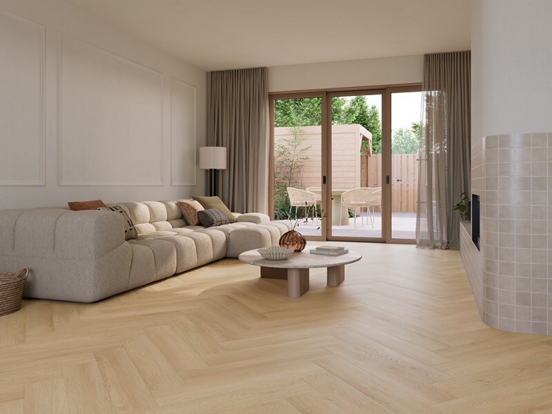 Ground Studio Select Oak Warm Sand V.10.40.1 visgraat plak PVC gelegd in interieur met zicht op het visgraatpatroon