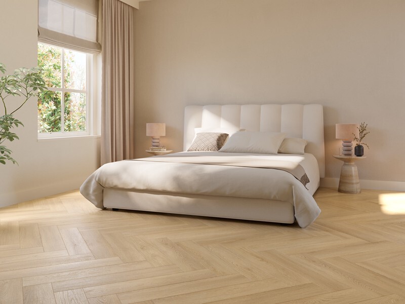Ground Studio Select Oak Warm Sand V.10.40.1 visgraat plak PVC detail van kleurnuance en plankverbinding