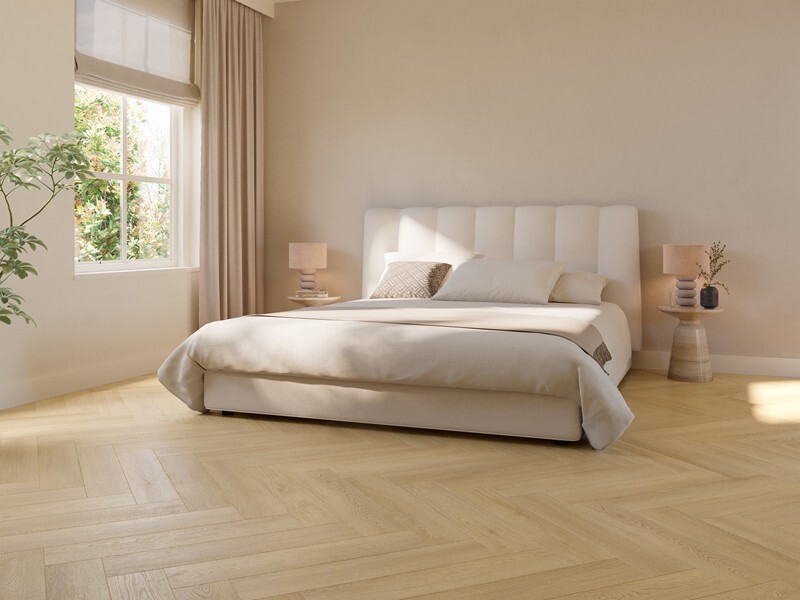 Ground Studio Select Oak Warm Sand VC.20.40.1 visgraat click PVC gelegd in interieur met zicht op het visgraatpatroon