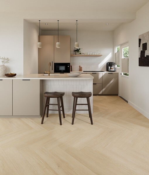 Ground Studio Pure Oak White Wash VC.20.10.2 visgraat click PVC close-up van houtnerf en visgraatpatroon