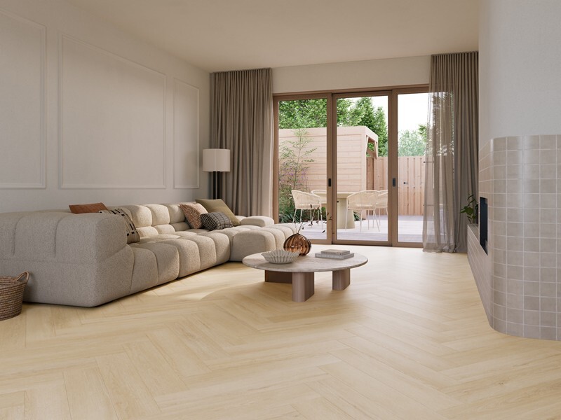 Ground Studio Pure Oak White Wash VC.20.10.2 visgraat click PVC gelegd in interieur met zicht op het visgraatpatroon