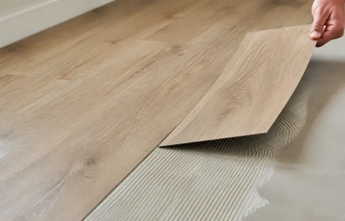 Plak PVC plank die wordt verlijmd op de ondervloer