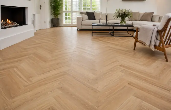 Lichte eiken visgraat PVC vloer in een woonkamer